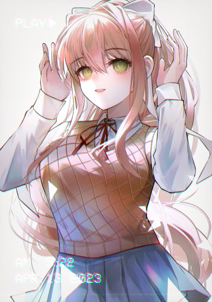 Anime picture 1748x2480 with doki doki literature club monika (doki doki literature club) wny (wnys art) single long hair tall image blush fringe highres open mouth simple background smile hair between eyes white background green eyes payot upper body ponytail long sleeves pleated skirt