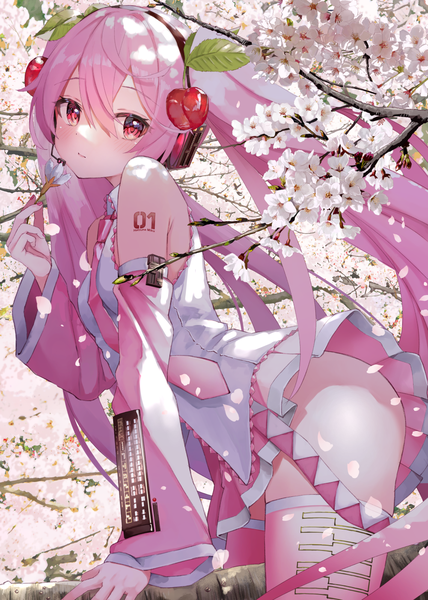 Anime-Bild 1000x1403 mit vocaloid hatsune miku sakura miku takepon1123 single long hair tall image looking at viewer fringe light erotic hair between eyes red eyes twintails pink hair pleated skirt arm support cherry blossoms spring girl skirt