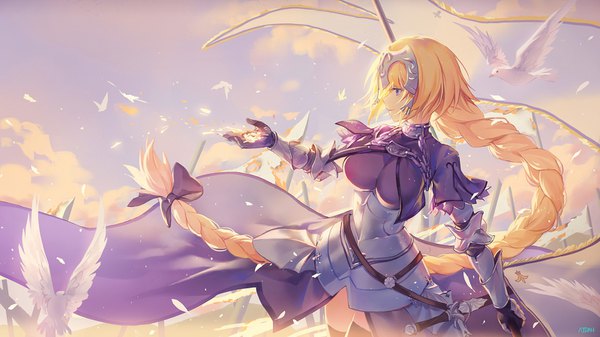 Anime picture 1600x900 with fate (series) fate/apocrypha jeanne d'arc (fate) (all) jeanne d'arc (fate) atdan single fringe breasts blonde hair smile wide image large breasts purple eyes looking away sky outdoors braid (braids) very long hair profile wind