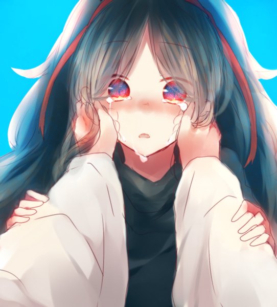 Anime picture 1270x1405 with kagerou project shaft (studio) azami (kagerou project) tsukihiko (kagerou project) kuzukiri shion long hair tall image looking at viewer blush open mouth blue hair tears multicolored eyes hand on cheek girl