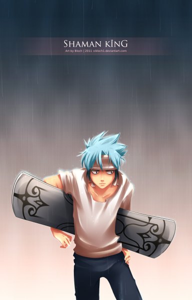 Anime picture 1600x2500 with shaman king xebec usui horokeu bloch single tall image short hair blue hair wet rain boy bandana skateboard