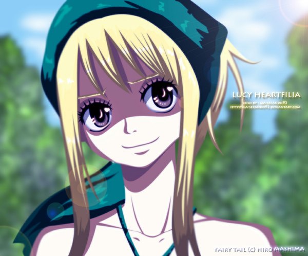 Anime picture 1000x831 with fairy tail lucy heartfilia seireiart single long hair blonde hair smile purple eyes bare shoulders sky cloud (clouds) sunlight inscription coloring portrait girl plant (plants) tree (trees) bandana
