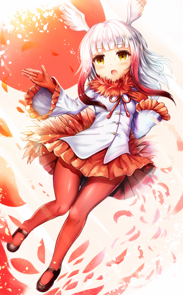 Anime picture 621x1000 with kemono friends crested ibis (kemono friends) sakura ani single long hair tall image blush open mouth yellow eyes white hair red hair multicolored hair two-tone hair loli gradient hair head wings girl petals wings fur