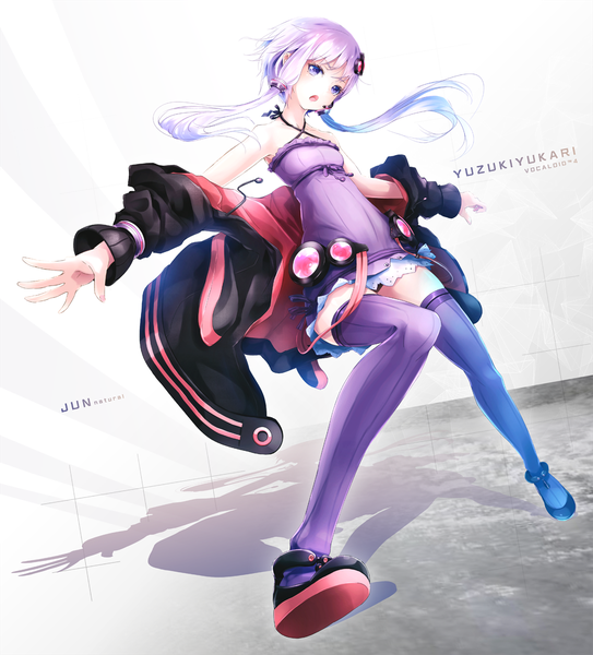 Anime picture 1087x1200 with vocaloid yuzuki yukari ajigo single long hair tall image blush fringe open mouth standing purple eyes twintails bare shoulders purple hair full body shadow spread legs copyright name sleeveless character names