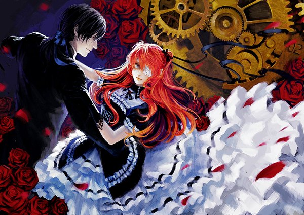 Anime picture 1100x778 with neon genesis evangelion gainax soryu asuka langley kaji ryouji sun dou long hair looking at viewer fringe blue eyes black hair light smile orange hair couple dancing girl dress boy gloves flower (flowers) bow