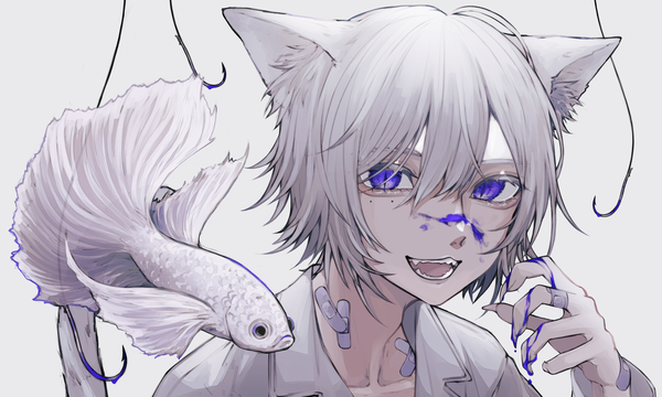 Anime picture 2692x1615 with original 402 (o0 xxx) single fringe highres short hair simple background hair between eyes wide image purple eyes animal ears silver hair upper body tail animal tail cat ears grey background mole cat tail mole under eye