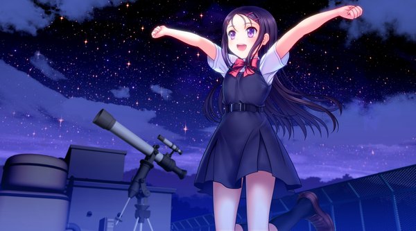 Anime picture 1656x920 with charlotte p.a. works otosaka ayumi mutsuki (moonknives) single long hair blush open mouth black hair wide image purple eyes sky cloud (clouds) night girl uniform school uniform socks black socks telescope