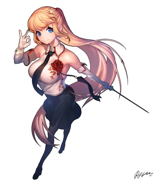 Anime picture 1453x1708 with original rheez (artist) tall image looking at viewer blue eyes simple background blonde hair white background bare shoulders ponytail very long hair walking girl skirt gloves weapon sword necktie elbow gloves katana