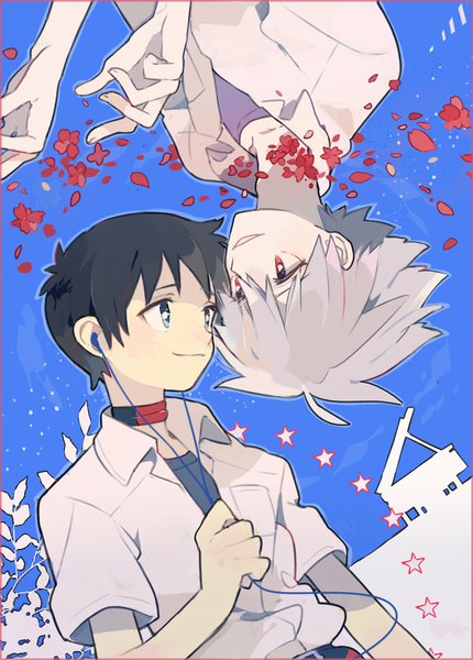 Anime picture 800x1116 with neon genesis evangelion gainax ikari shinji nagisa kaworu pikaro tall image fringe short hair blue eyes black hair smile hair between eyes holding looking away upper body grey hair multiple boys blue background face to face shounen ai