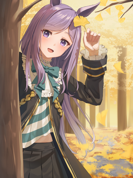 Anime picture 1000x1333 with umamusume mejiro mcqueen (umamusume) shands single long hair tall image looking at viewer blush open mouth purple eyes animal ears purple hair outdoors head tilt :d horse ears autumn girl plant (plants) tree (trees)