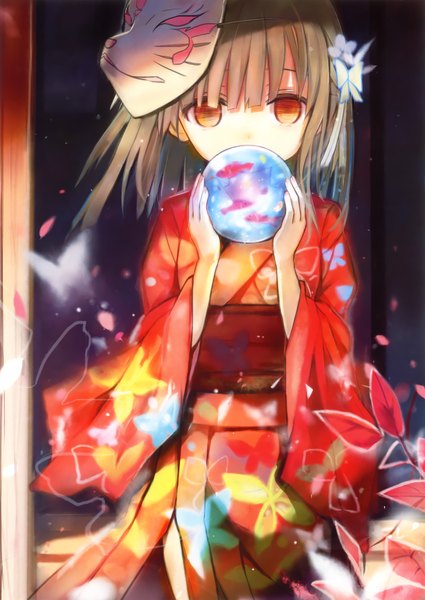 Anime picture 3258x4598 with original eshi 100-nin ten shino (eefy) single long hair tall image highres brown hair absurdres traditional clothes japanese clothes wind orange eyes covered mouth mask on head girl hair ornament insect butterfly obi