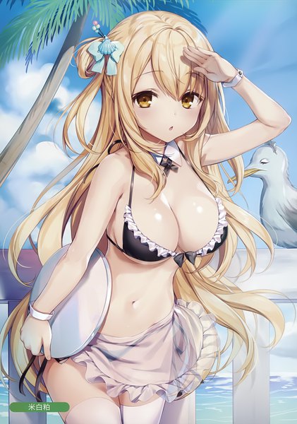 Anime picture 2458x3500 with original melonbooks komeshiro kasu single long hair tall image looking at viewer blush fringe highres open mouth light erotic blonde hair hair between eyes yellow eyes payot sky cleavage cloud (clouds) scan