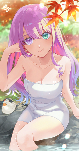 Anime picture 1000x1900 with virtual youtuber hololive himemori luna sushida0k single long hair tall image looking at viewer blush fringe breasts light erotic hair between eyes sitting bare shoulders green eyes pink hair cleavage blunt bangs pink eyes