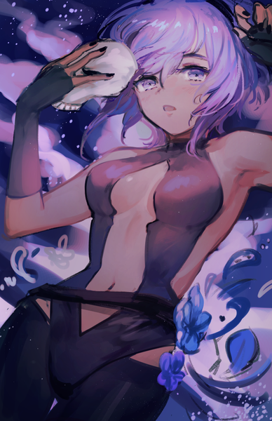 Anime picture 693x1071 with fate (series) fate/grand order hassan of serenity (fate) k (sktchblg) single tall image looking at viewer short hair breasts open mouth light erotic purple eyes holding purple hair nail polish center opening girl gloves navel fingerless gloves