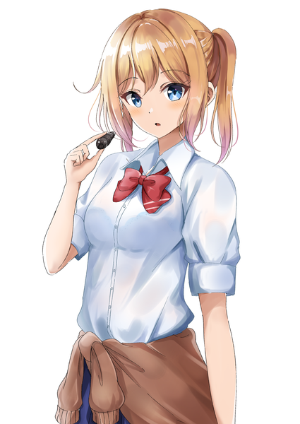 Anime picture 2508x3541 with sounan desuka? onishima homare sin (sin52y) single tall image looking at viewer blush fringe highres short hair open mouth blue eyes simple background blonde hair hair between eyes standing white background twintails holding payot