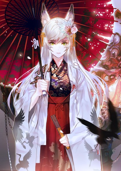 Anime picture 2480x3507 with original yong kit lam single long hair tall image looking at viewer highres green eyes animal ears white hair traditional clothes japanese clothes girl hair ornament animal bird (birds) umbrella