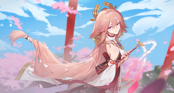 Anime-Bild 3713x2000 mit genshin impact yae miko lettereast single fringe highres hair between eyes wide image purple eyes animal ears pink hair sky cloud (clouds) very long hair traditional clothes japanese clothes from above fox ears low ponytail nontraditional miko