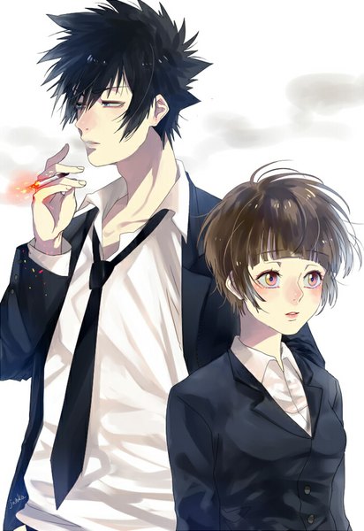 Anime picture 650x945 with psycho-pass production i.g kougami shin'ya tsunemori akane junka-sakura tall image blush fringe short hair open mouth blue eyes black hair brown hair standing white background brown eyes signed looking away lipstick smoke