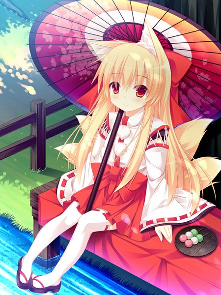 Anime picture 600x800 with original roshin single long hair tall image blush blonde hair red eyes sitting animal ears tail traditional clothes japanese clothes animal tail fox ears fox tail fox girl miko girl thighhighs