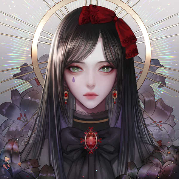 Anime picture 4000x4000 with original chenmyo single long hair looking at viewer fringe highres black hair green eyes absurdres lips facial mark portrait face eyeshadow girl flower (flowers) bow hair bow earrings