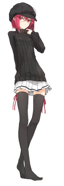 Anime picture 422x1219 with original ariaria (netsuki) miruto netsuki single tall image looking at viewer short hair simple background white background pink hair pink eyes no shoes zettai ryouiki arm behind back girl thighhighs skirt black thighhighs hat miniskirt