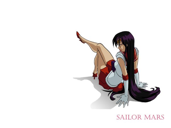 Anime picture 1280x960 with bishoujo senshi sailor moon toei animation hino rei sailor mars laurenmontgomery single long hair simple background white background purple hair looking back girl shoes sailor suit