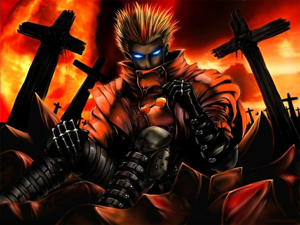 Anime picture 1024x768 with trigun vash the stampede single short hair blue eyes blonde hair sitting holding sky cloud (clouds) glowing evening sunset glowing eye (eyes) red background eyes crazy eyes demon eyes boy gloves