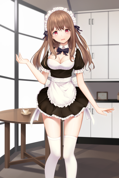 Anime picture 2214x3305 with original karin (fineyanny) single long hair tall image looking at viewer blush fringe highres breasts open mouth hair between eyes red eyes brown hair standing payot cleavage indoors pleated skirt shadow