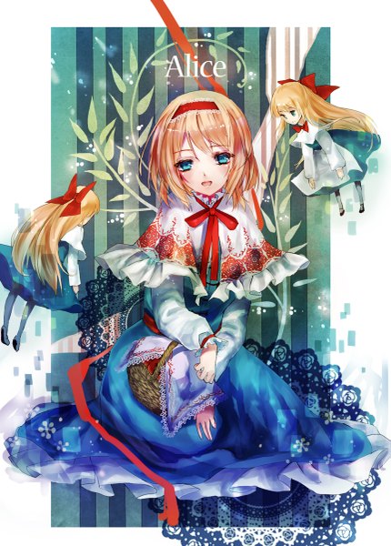 Anime picture 861x1200 with touhou alice margatroid shanghai meutan131 long hair tall image looking at viewer blush short hair open mouth blue eyes blonde hair sitting character names girl dress bow hair bow hairband doll (dolls)