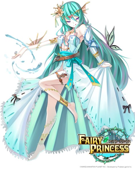 Anime picture 1500x1900 with fairy princess crazyodin lyo single long hair tall image looking at viewer smile purple eyes barefoot aqua hair legs :p girl dress hair ornament detached sleeves water bracelet