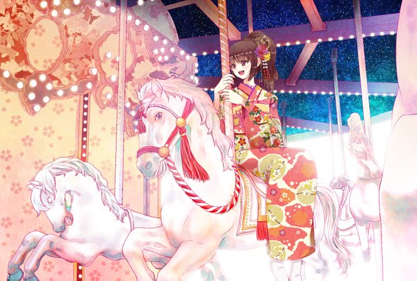 Anime picture 1748x1181 with original furai (furai127) single long hair blush fringe highres open mouth brown hair brown eyes ponytail traditional clothes japanese clothes night night sky girl hair ornament kimono kanzashi carousel