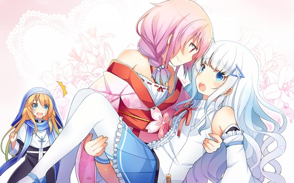 Anime picture 1300x812 with original somnium long hair blush fringe short hair open mouth blue eyes blonde hair smile wide image bare shoulders multiple girls holding pink hair silver hair traditional clothes japanese clothes profile pink eyes