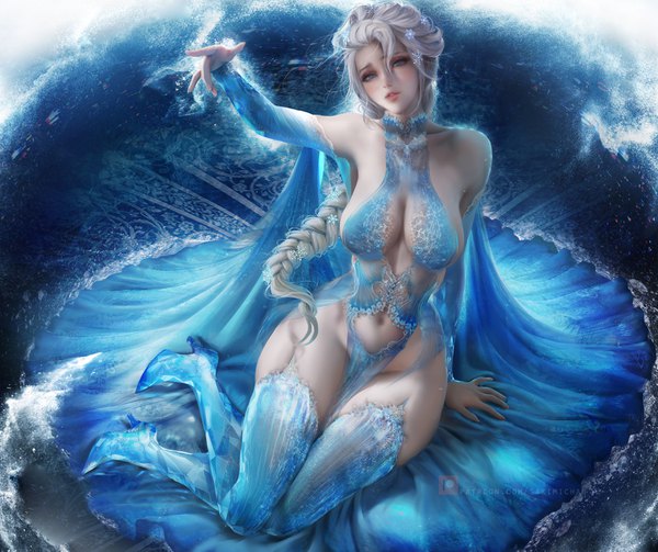 Anime picture 3500x2938 with frozen (disney) disney elsa (frozen) sakimichan single long hair looking at viewer blush fringe highres breasts blue eyes light erotic blonde hair hair between eyes large breasts sitting bare shoulders absurdres cleavage