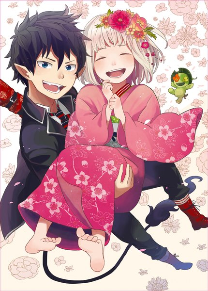 Anime picture 615x859 with ao no exorcist a-1 pictures okumura rin moriyama shiemi nii (ao no exorcist) sheep sleep tall image short hair open mouth blue eyes black hair white hair tail eyes closed traditional clothes :d japanese clothes barefoot hair flower pointy ears