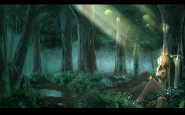 Anime picture 3200x2000 with claymore madhouse teresa single long hair highres blonde hair wide image sitting eyes closed sunlight girl weapon plant (plants) sword tree (trees) insect butterfly forest