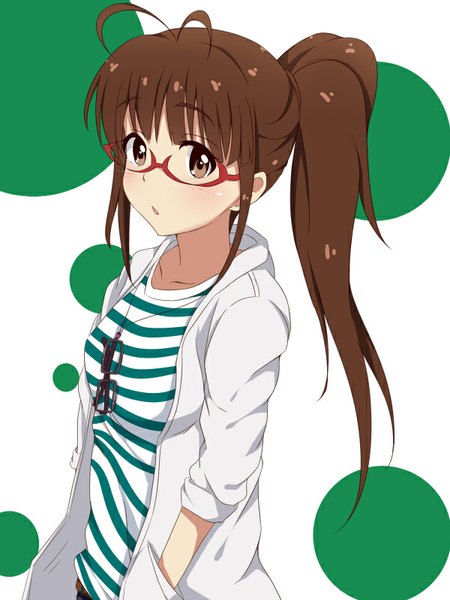 Anime picture 600x800 with idolmaster akizuki ritsuko hitotsuki nanoka single long hair tall image looking at viewer blush fringe open mouth brown hair brown eyes ahoge ponytail from above :o striped polka dot hands in pockets polka dot background