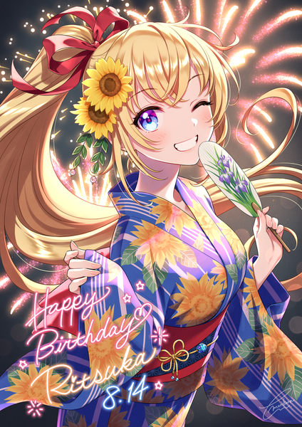 Anime picture 1158x1637 with original saeki ritsuka morikura en single long hair tall image looking at viewer blush fringe blue eyes blonde hair smile standing holding signed payot ponytail traditional clothes japanese clothes one eye closed