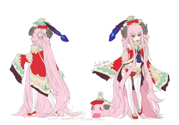 Anime picture 2000x1394 with league of legends poro (league of legends) loiza single fringe highres standing pink hair very long hair traditional clothes horn (horns) black eyes chinese clothes girl