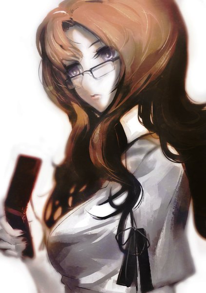 Anime-Bild 1280x1814 mit steins;gate white fox kiryuu moeka huke single long hair tall image simple background brown hair white background purple eyes girl phone