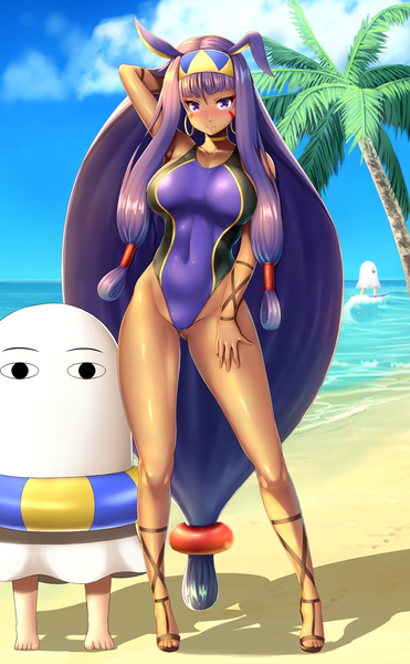 Anime picture 1400x2263 with fate (series) fate/grand order nitocris (fate) medjed zukky single tall image looking at viewer blush fringe breasts light erotic hair between eyes large breasts standing purple eyes bare shoulders animal ears payot sky