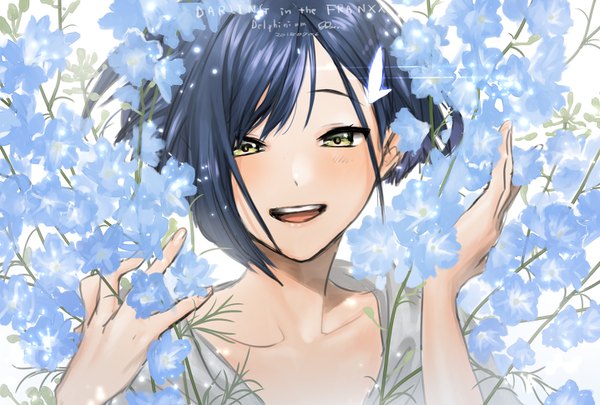 Anime picture 1438x972 with darling in the franxx studio trigger ichigo (darling in the franxx) hutagi rouka single looking at viewer blush short hair open mouth black hair yellow eyes :d teeth copyright name dated happy asymmetrical hair girl flower (flowers)