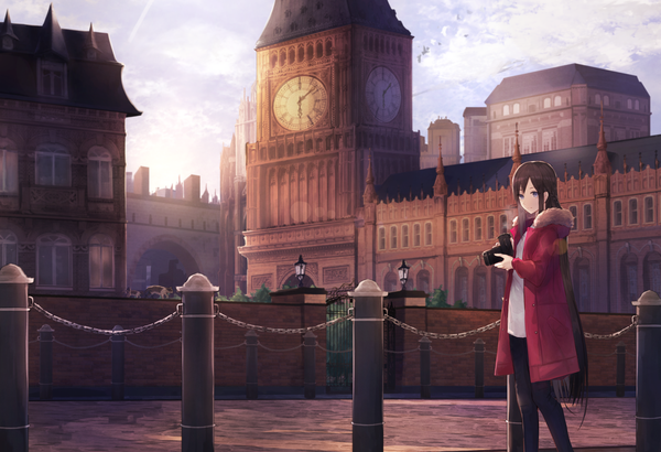 Anime picture 2000x1369 with original eisuto single fringe highres blue eyes brown hair standing holding payot looking away sky cloud (clouds) braid (braids) very long hair light smile open clothes fur trim lens flare brick wall