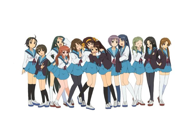 Anime picture 1920x1200 with suzumiya haruhi no yuutsu kyoto animation suzumiya haruhi nagato yuki asahina mikuru tsuruya asakura ryouko kyonko highres wide image white background group girl