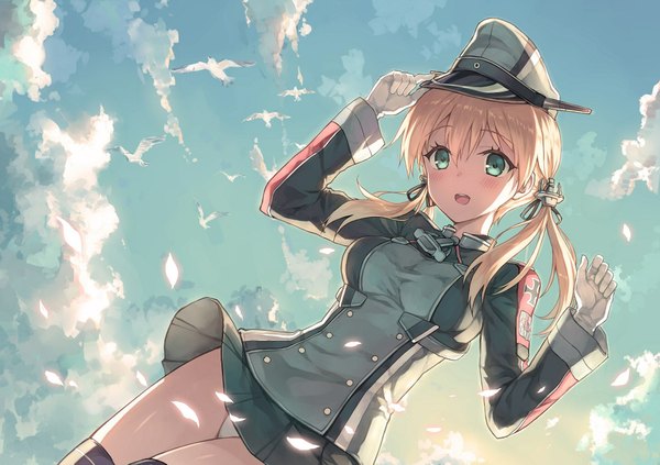 Anime picture 1920x1355 with kantai collection prinz eugen (kantai collection) hiten (hitenkei) single long hair looking at viewer blush highres open mouth light erotic blonde hair twintails green eyes sky cloud (clouds) from below pantyshot girl thighhighs gloves