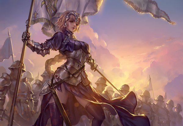 Anime picture 1301x900 with fate (series) fate/grand order fate/apocrypha jeanne d'arc (fate) (all) jeanne d'arc (fate) ozma (ozmakku) looking at viewer breasts blonde hair standing holding brown eyes sky cloud (clouds) outdoors braid (braids) very long hair parted lips lips sunlight