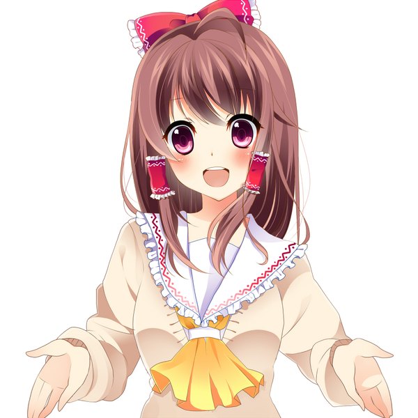 Anime picture 1800x1800 with touhou hakurei reimu yuika (yurika712) single long hair looking at viewer blush highres open mouth simple background brown hair white background pink eyes girl bow hair bow sweater