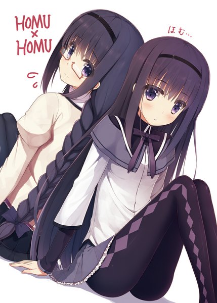 Anime picture 800x1119 with mahou shoujo madoka magica shaft (studio) akemi homura siva (executor) long hair tall image simple background white background sitting purple eyes multiple girls purple hair braid (braids) dual persona girl dress uniform 2 girls school uniform pantyhose