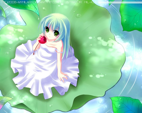Anime picture 1024x819 with original myhilary single long hair bare shoulders green eyes green hair from above loli girl dress water food leaf (leaves) berry (berries) cherry