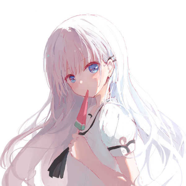 Anime picture 2048x2048 with summer pockets key (studio) naruse shiroha nuji single long hair looking at viewer fringe highres blue eyes simple background hair between eyes white background silver hair upper body turning head eating girl uniform serafuku