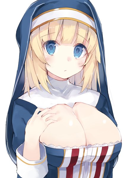 Anime picture 2507x3541 with original kou mashiro single long hair tall image looking at viewer blush highres breasts blue eyes light erotic simple background blonde hair large breasts white background cleavage nun girl habit